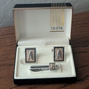 Vintage Swank Monogrammed A Multitone Bullet Back Cufflinks with Tie Clip
